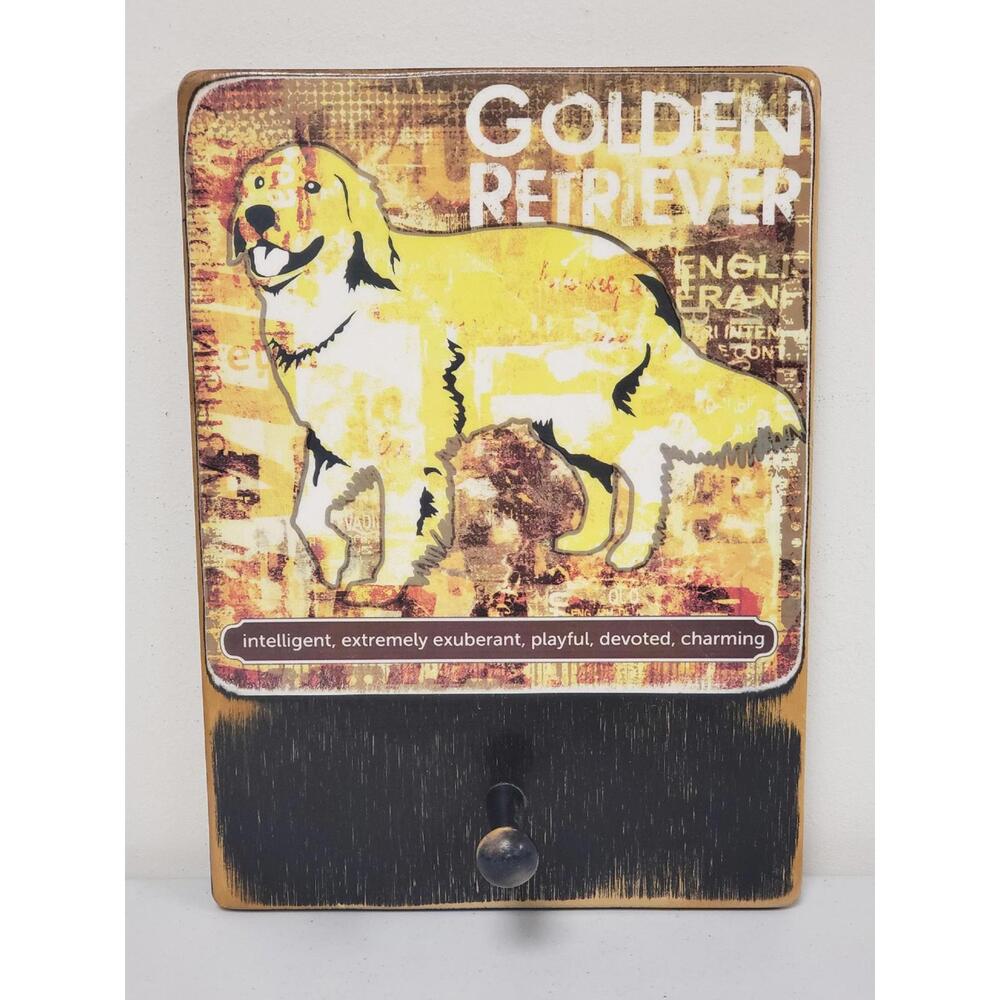 Hand Crafted Golden Retriever Wood Block Single Peg Dog Leash Holder 8x11